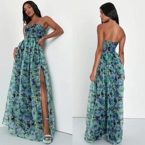 Lulus Wonderful Waltz Green Floral Strapless Bustier Maxi Dress Party Wedding